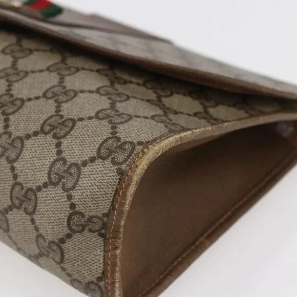 GUCCI GG Supreme Web Sherry Line Clutch Bag PVC Leather Beige Red